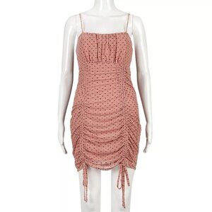 Xtraordinary Dress Size Large Ruched Pink Polka‎ Dot Mesh Bodycon Mini READ